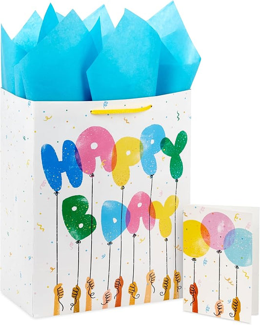 Hallmark 13" Large Gift Bag with Tissue Paper and Card (Happy Bday Balloons) for Kids, Grandchildren, Friend, Coworkers