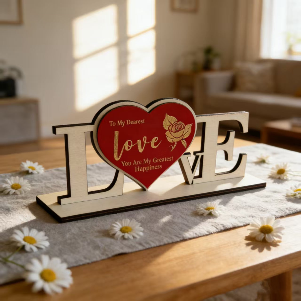 Personalized LOVE Wooden Sign With Rose Engraving,English&German Heart Table Decor,Valentine Anniversary Gift For Couple