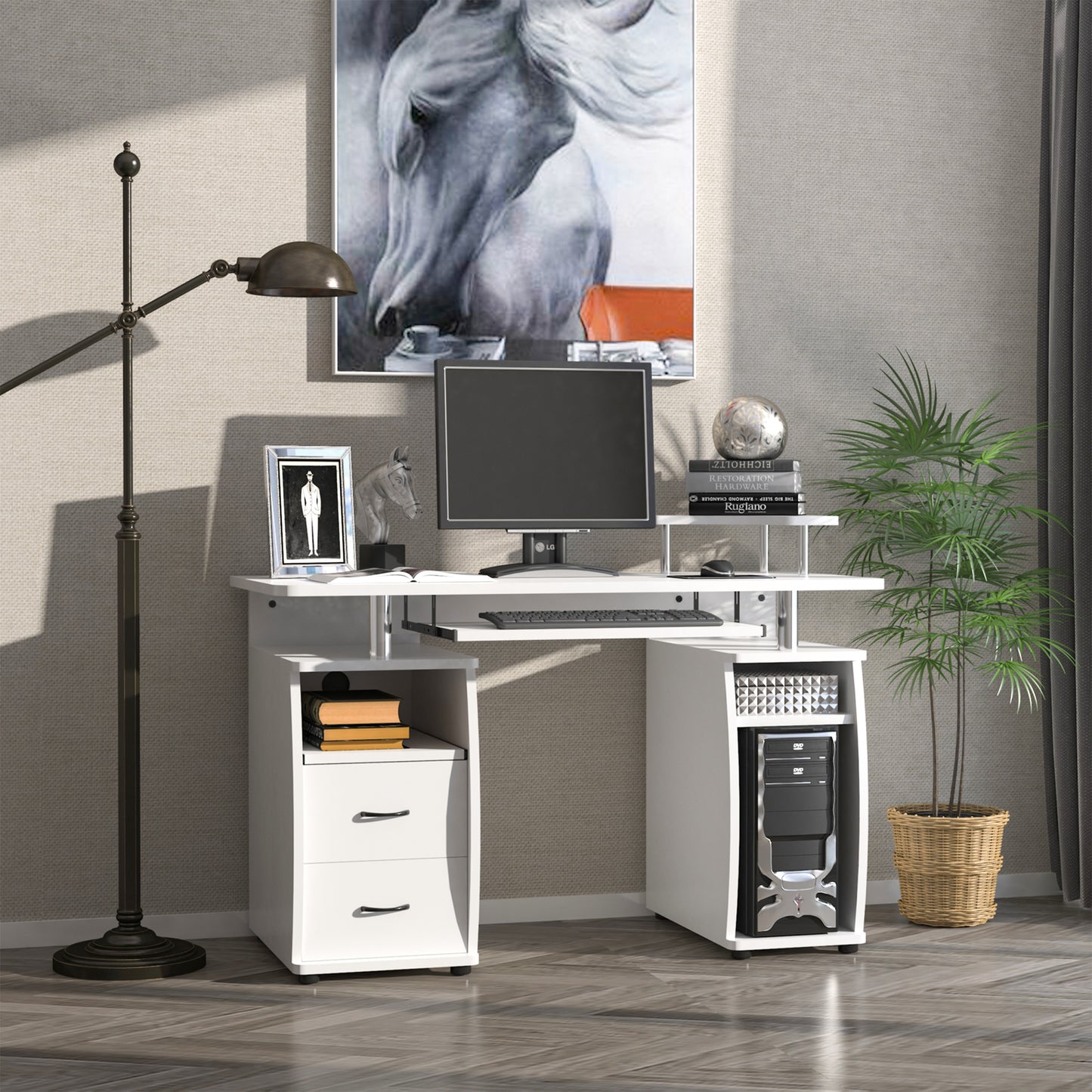 Computer Desk Office PC Table Workstation With Keyboard Tray, CPU Shelf, Drawers, Sliding Scanner Shelf, White