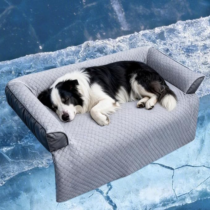 GGIB Cooling Dog Bed Mat with Bolster Pillow Washable Dog Couch Cover Breathable Summer Pet Couch Bed Protector Indoor(Lar...