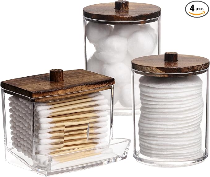 Tbestmax Qtips Holder Bathroom Container, 10 OZ Cotton Ball/Swabs Dispenser, Apothecary Jar Organizer for Storage Brown Wo...