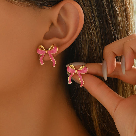 Ins Popular Hot Selling Amazon Cross-border Women Jewelry, Bowknot Oil Drip Design Stud Earrings, Versatile High-end Daily Ear Accessories For Ladies