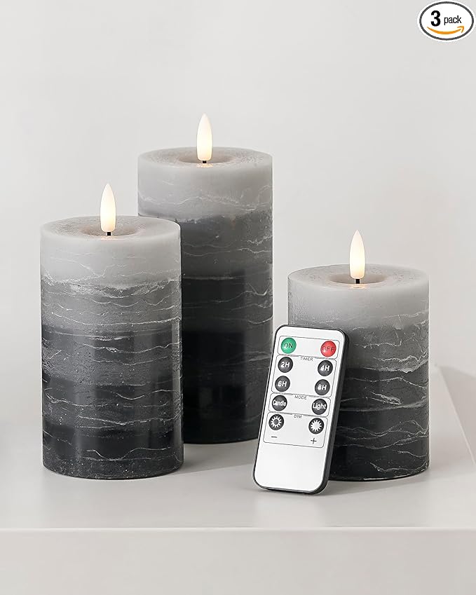 Stmarry Distressed Gradient Gray Flameless Candles with Remote and Timer, Real Wax Made LED Pillar Candles Battery Operate...