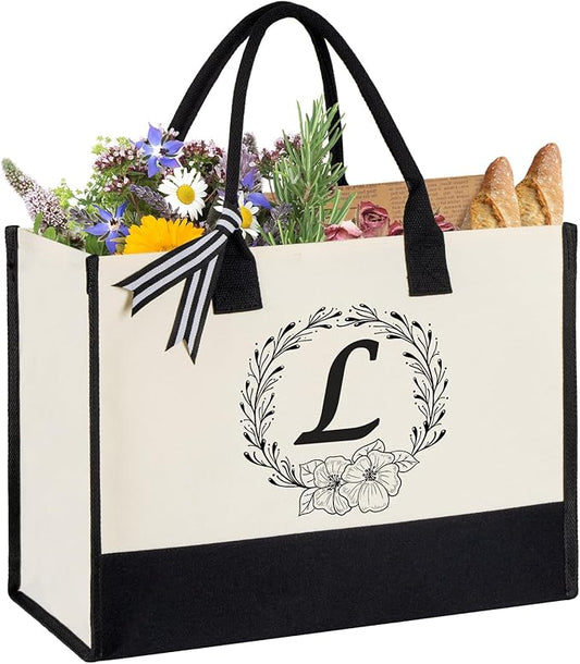 Miokok Personalized Initial Canvas Tote Bag, Beach Bags for Women Birthday Gifts, Wedding Gift for Mom Teachers Friends Nurse