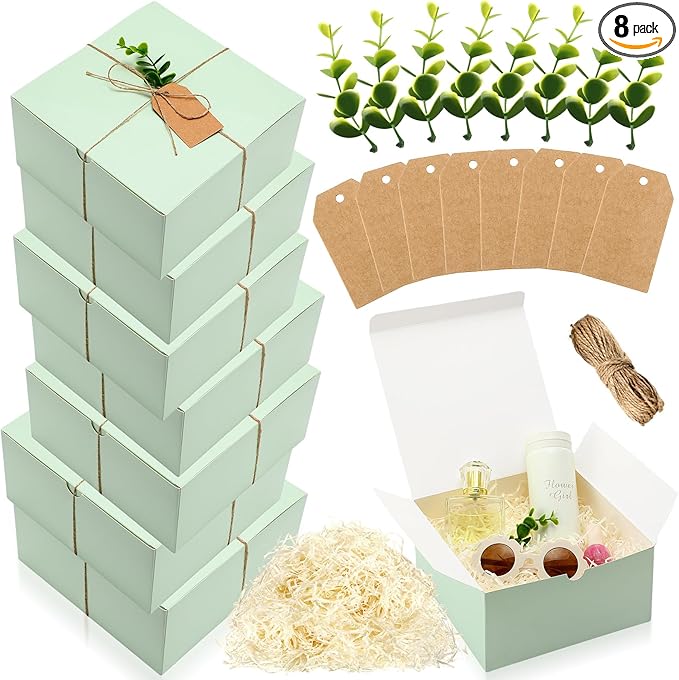 Crtiin 8 Pack Gift Boxes Set 8 x 8 x 4 Inch Green Paper Bridesmaid Proposal Gifts Box with Lids for Presents Wedding Brida...