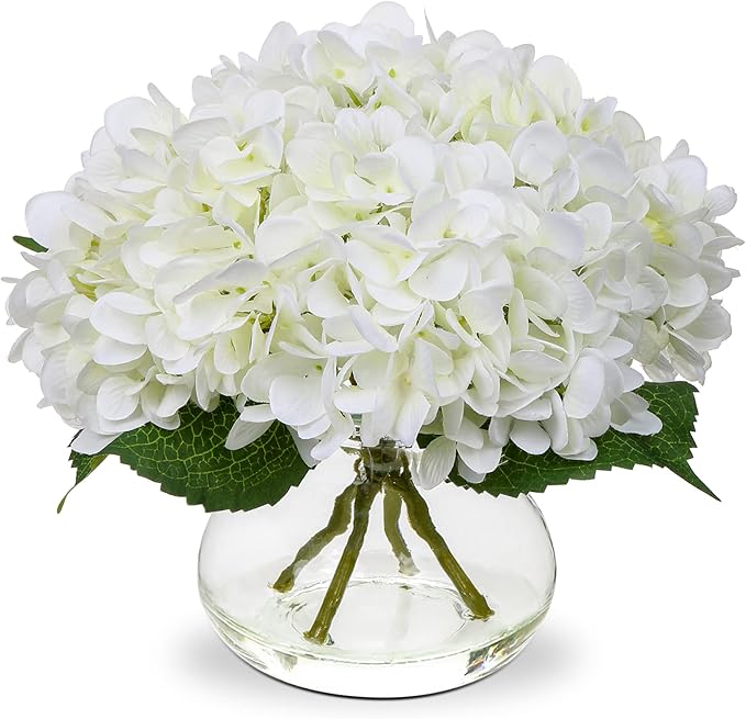 Hollyone Hydrangea Artificial Flowers with Vase White Silk Fake Flowers Arrangements in Glass Vase with Faux Water for Hom...