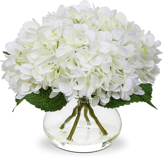 Hollyone Hydrangea Artificial Flowers with Vase White Silk Fake Flowers Arrangements in Glass Vase with Faux Water for Hom...