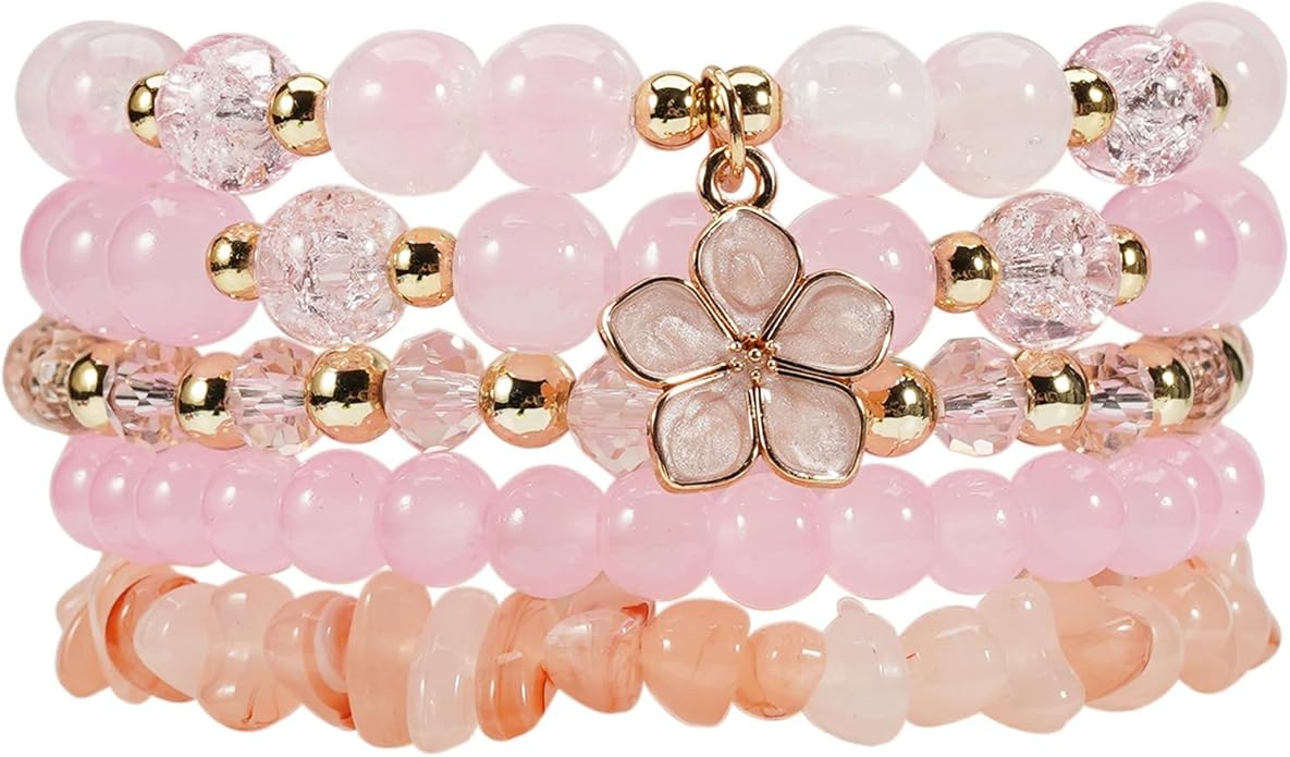 Caiyao 5Pcs Bohemia Multilayer Floewr Crystal Glass Beaded Bracelet Set Colorful Stackable Flower Beaded Friendship Stretc...