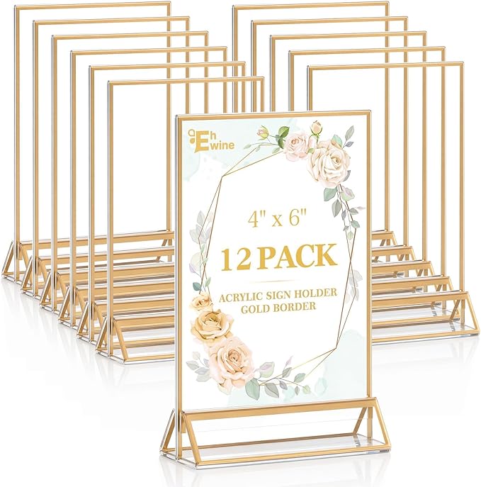 EHWINE 12 Pack Acrylic Sign Holder 4 x 6, Double Sided Gold Picture Frame Stand up Table Top Sign Holders, Clear Display S...