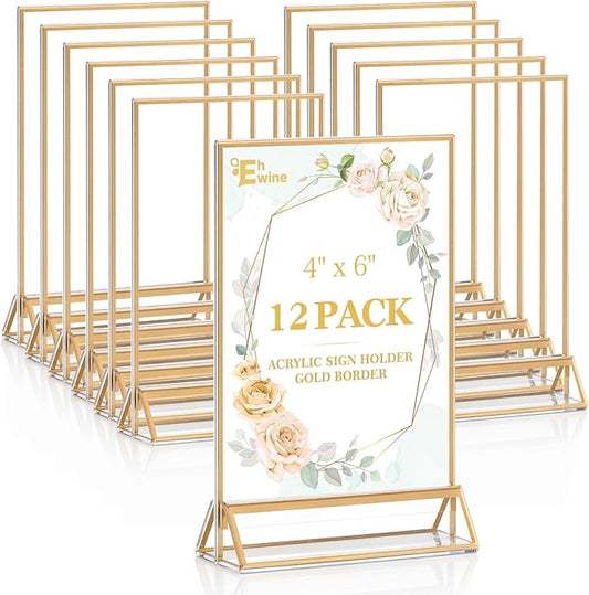 EHWINE 12 Pack Acrylic Sign Holder 4 x 6, Double Sided Gold Picture Frame Stand up Table Top Sign Holders, Clear Display S...