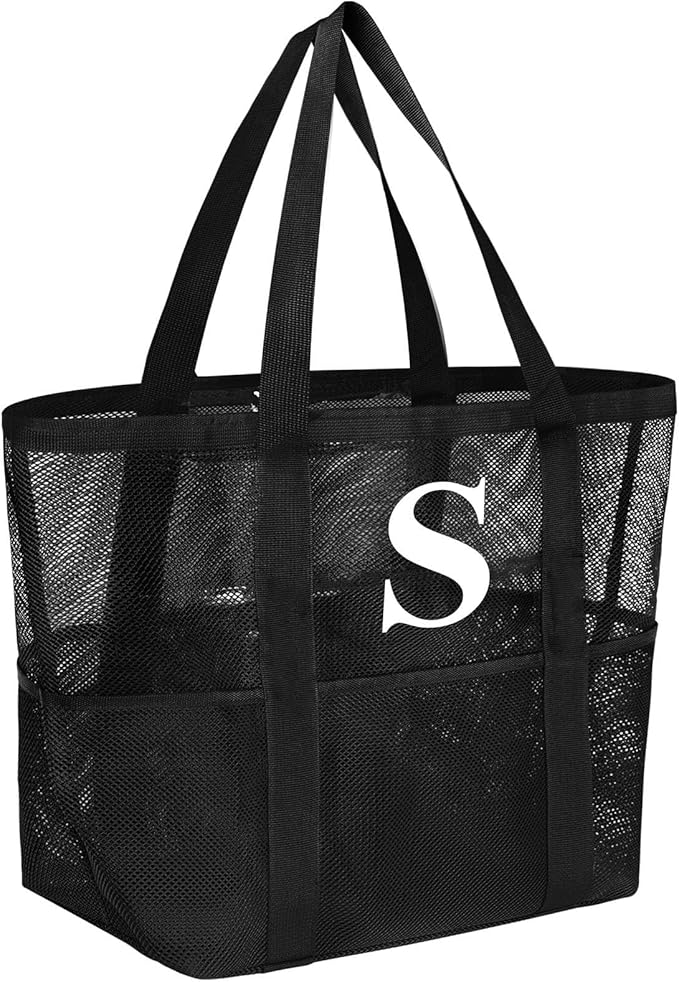 wanchel Personalized Mesh Beach Bag for Women - Waterproof Initial Tote Bag for Family Travel, Toys, Vacation Essentials