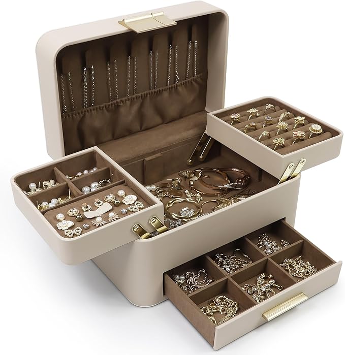 KAMIER Jewelry Box, 3 Layers Jewelry Organizer with Drawers, PU Leather Jewelry Storage Organizer for Earring, Ring, Neckl...