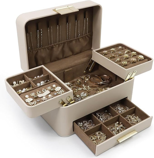 KAMIER Jewelry Box, 3 Layers Jewelry Organizer with Drawers, PU Leather Jewelry Storage Organizer for Earring, Ring, Neckl...