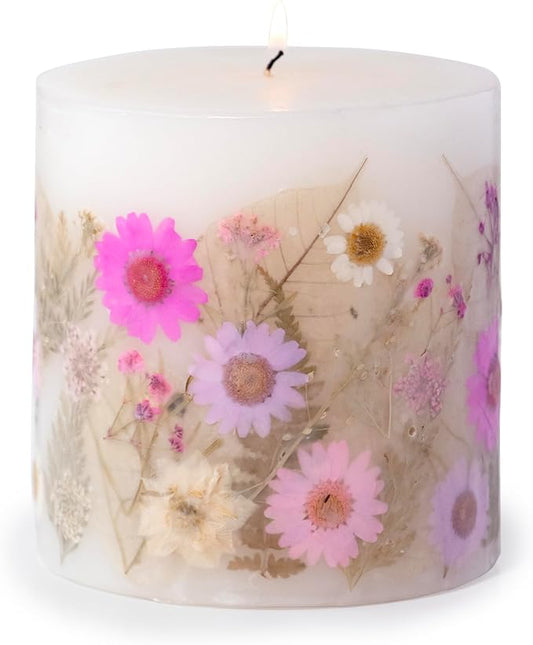 ANDALUCA Pressed Real Flowers Handcrafted Botanical Floral Pillar Candle (Fresh Peony)