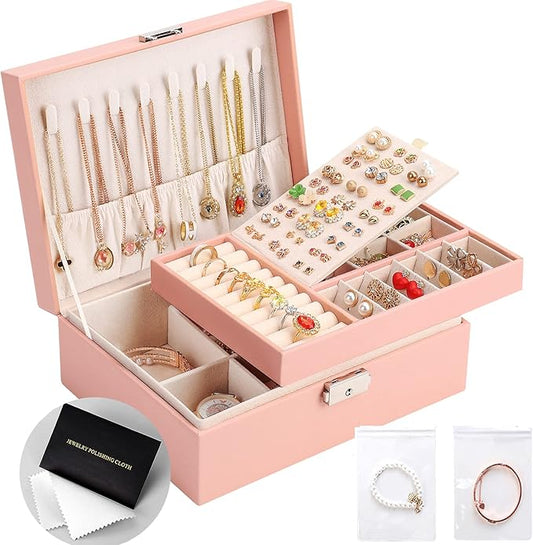 Jewelry Organizer Box, Leather Jewelry Box for Girls Gift Earring Organizer with Lock Double Layers Jewelry Case Removable...