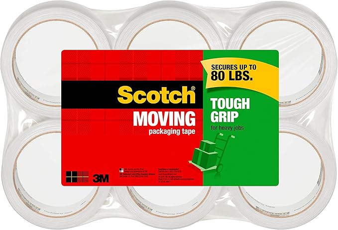 Scotch Tough Grip Moving Packaging Tape, 1.88" x 38.2 yd, Strong Hold on All Box Types Including Recycled, Secures Boxes u...