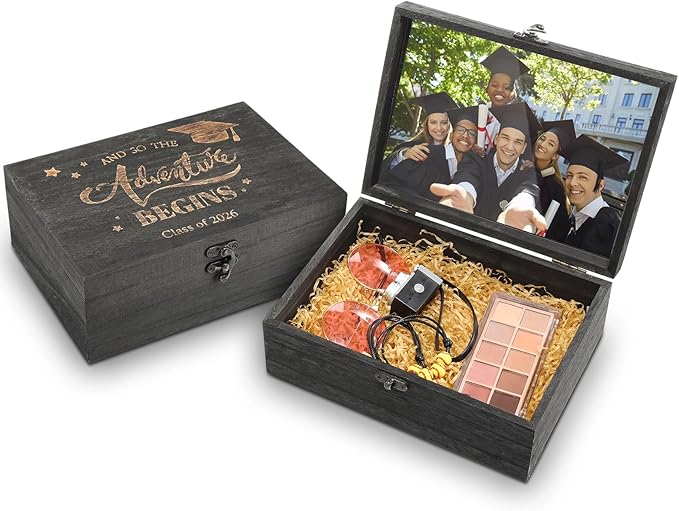 BreezeHug 2 Pcs Class of 2026 Graduation Keepsake Box Senior 2026 Gift Memory Chest Wooden Box with Hinged Lid Engraving G...