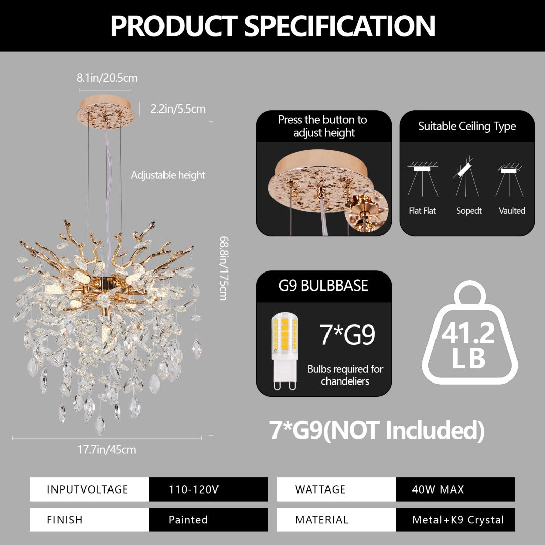 Modern Tree Branch Crystal Chandelier Luxury Gold Crystal Pendant Lighting 18in Contemporary 7-Light Chandeliers For Dining Room Kitchen Bedroom Living Room Bulb Is Not Including