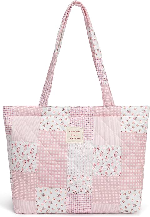 Ecohaso Quilted Tote Bag for Women, Cute Tote Bag with Top Zipper for College Work Travel Casual Shoulder Bag Purse handbags