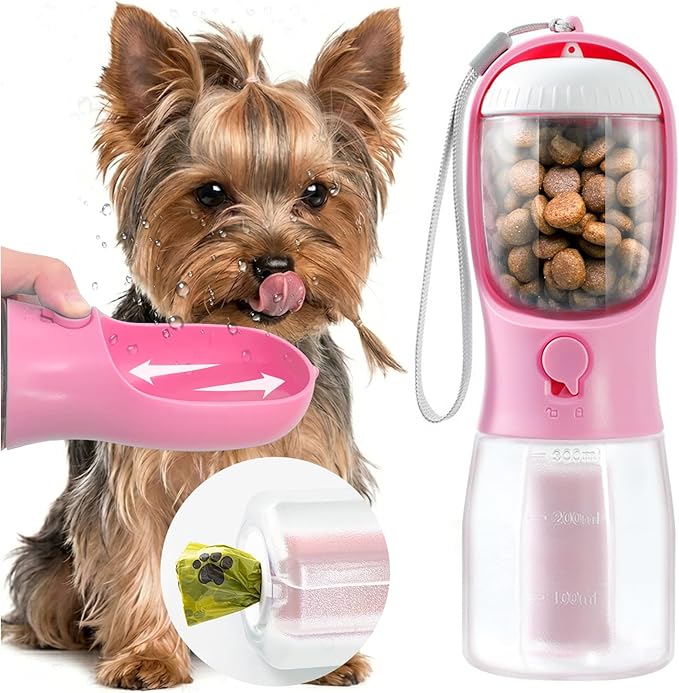 Portable Water Bottle for Small Dogs, 3 in 1 Animal Pet Travel Bowl Dispenser with Food Treat Container & Poop Bag Holder,...