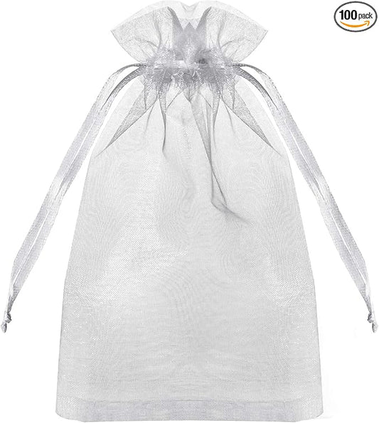 HongyiTime 100PCS Premium Sheer Organza Bags, White Wedding Favor Bags with Drawstring, 4x6 inches Jewelry Gift Bags for P...