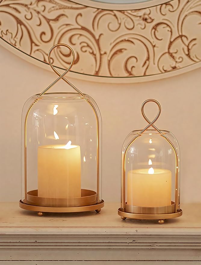 NUPTIO Glass Lanterns Decorative Outdoor: Gold Hurricane Candle Holders for Pillar Candles - Set of 2 Hanging Lantern for ...