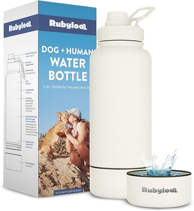 Dog Water Bottle for Dog Lovers - 32 oz Stainless Steel Double Wall Insulated Water Bottle with 8 oz Detachable Bowl on Bo...