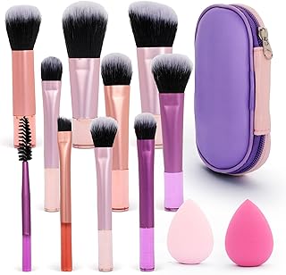 12PCS Mini Travel Makeup Brushes Set with Brush Pouch (Pink Purple) - Portable Full Function Cosmetic Kit for Eyeshadow, F...