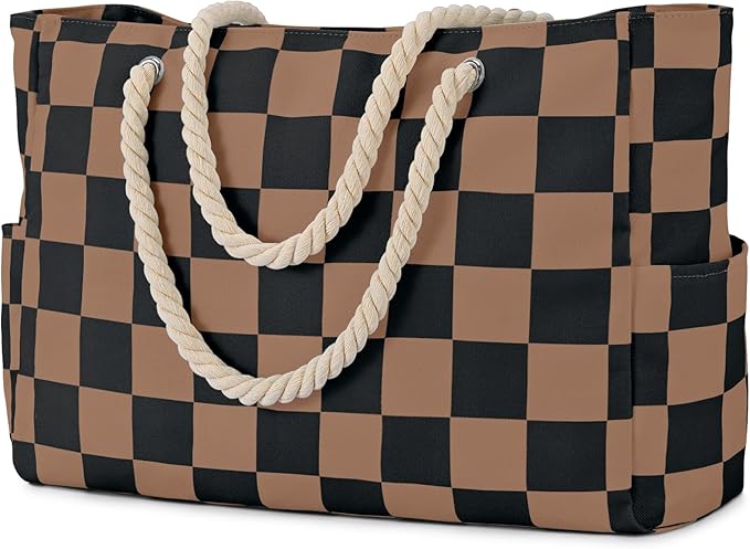 Becokan Beach Bags for Women Checkered Large Beach Tote Bag Zipper Beach Bags Waterproof Sandproof Canvas Swim Pool Bag