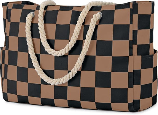 Becokan Beach Bags for Women Checkered Large Beach Tote Bag Zipper Beach Bags Waterproof Sandproof Canvas Swim Pool Bag
