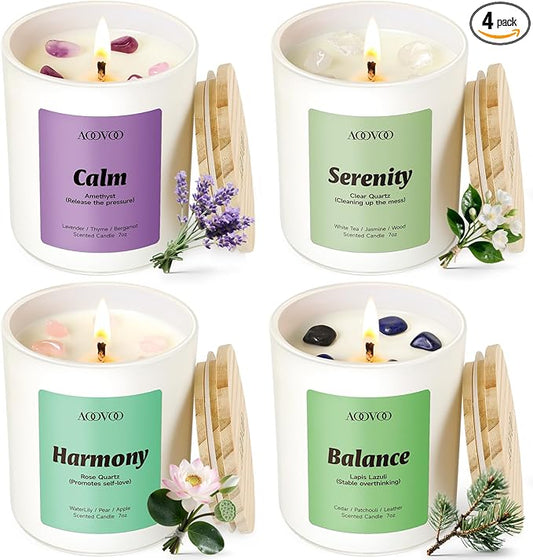 AOOVOO Calm Candles Set for Women - 4 Pack Candles for Home Scented, 28 oz 200 Hour Burn, Aromatherapy Candle with Crystal...