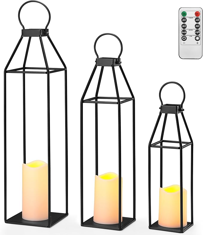 Perfnique Set of 3 Black Metal Lanterns w/ Waterproof Flickering Flameless Candle & Remote Timer, Modern Farmhouse Lantern...
