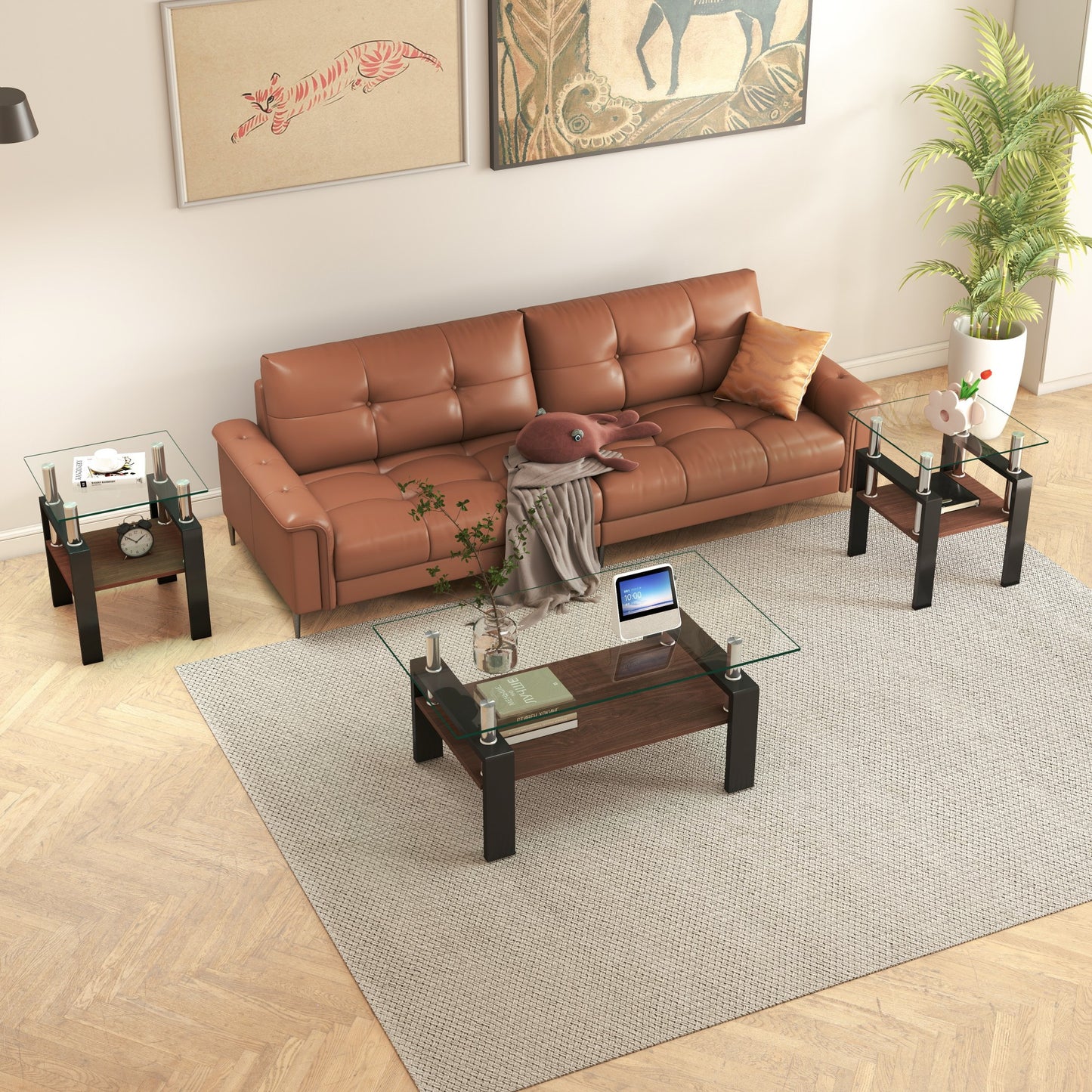 Set Of 2 Modern Tempered Glass Tea Table,Tempered Glass Tabletop With MDF Layer,Coffee Table,End Table, Square Table For Living Room, Transparent Black