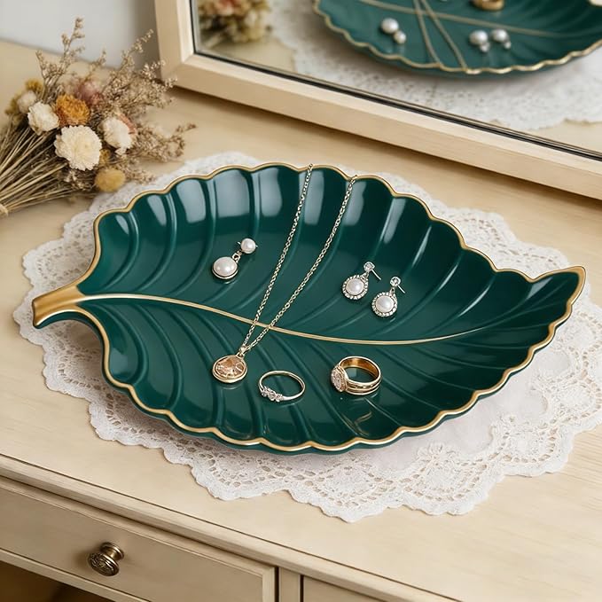 Disoza Jewelry Tray Ceramic Ring Holder Dish 10.6" x 7.9" Green Key Bowl Birthday Gifts for Women Leaf Aesthetic Coffee Ta...
