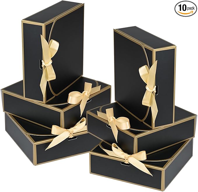 WLUSEAXI 10Pack Small Gift Boxes, 6.5''x6.5''x2'' Black Gift Boxes with Ribbon, Small Boxes for Gifts Birthday Wedding Par...