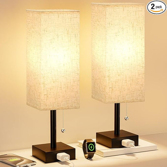 Bedside Table Lamps for Bedroom Set of 2 - Small Rectangular Nightstand Lamp with AC Outlet Charging Port, 3 Color Tempera...