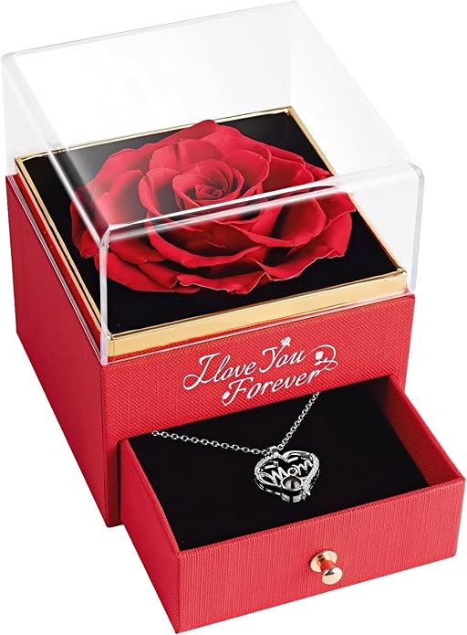 Gifts for Women Mom Rose with Necklace: Preserved Red Flowers Jewelry Presents for Mother Mama from Daughter Son