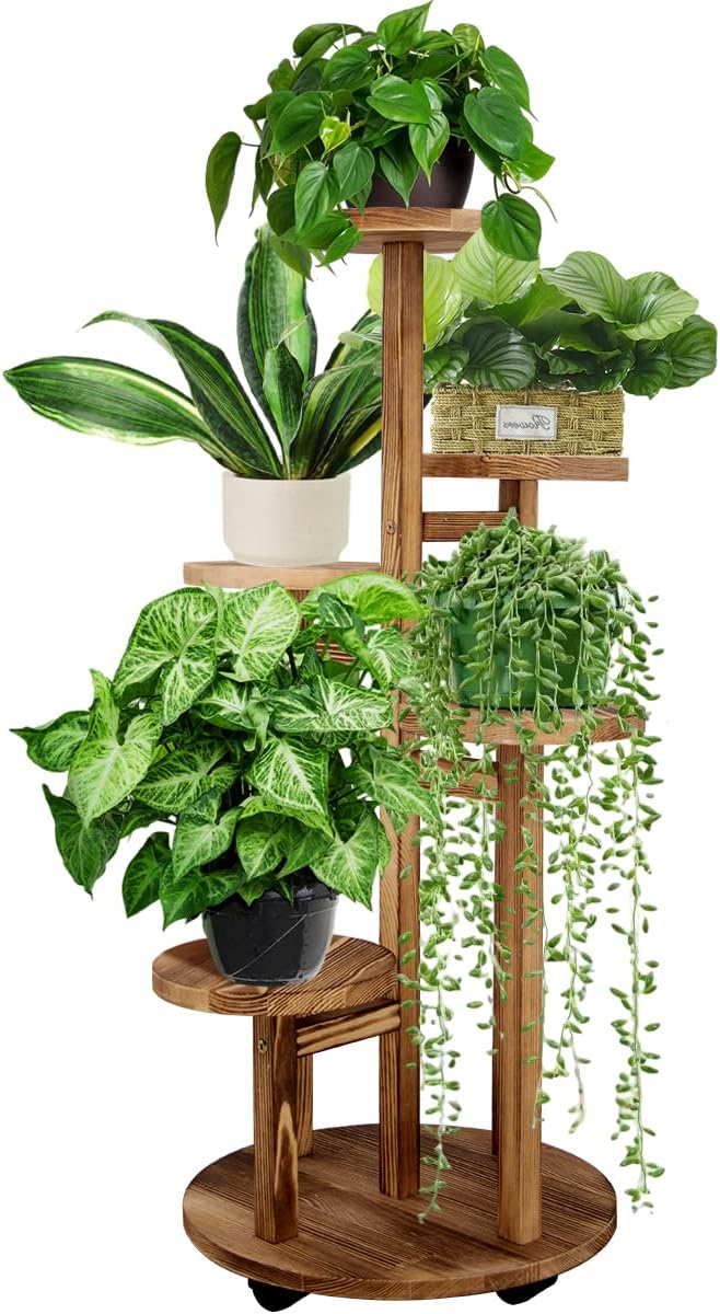 GEEBOBO 5 Tiered Tall Plant Stand for Indoor, Wood Plant Shelf Corner Display Rack, Multi-tier Planter Pot Holder Flower S...