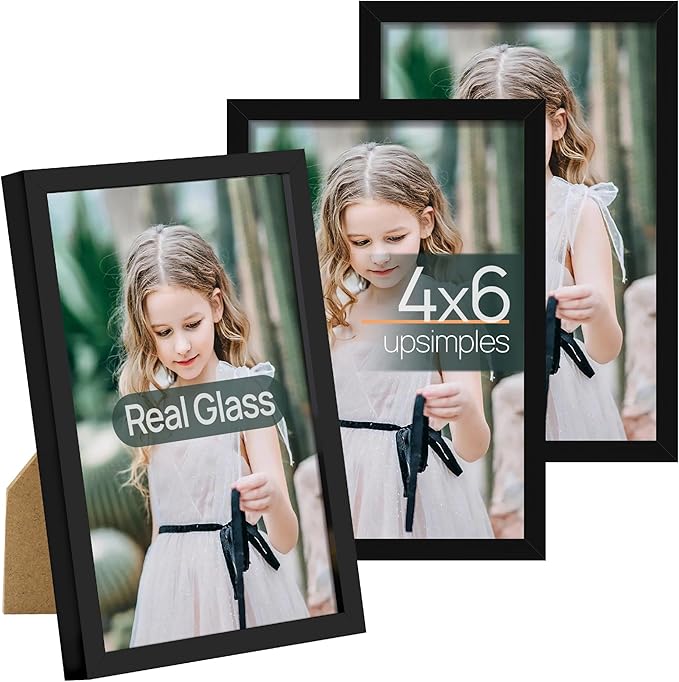 upsimples 4x6 Picture Frame Set of 3, Made of High Definition Glass for 4 x 6, Wall and Tabletop Display Thin Border Photo...