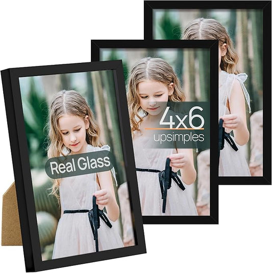 upsimples 4x6 Picture Frame Set of 3, Made of High Definition Glass for 4 x 6, Wall and Tabletop Display Thin Border Photo...