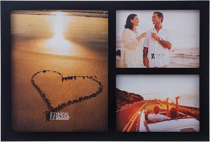 UMICAL Collage Picture Frame for 8x10 and 2 5x7 Pictures Display with Shatter-Resistant Glass & Black Wood 3-Openings Phot...