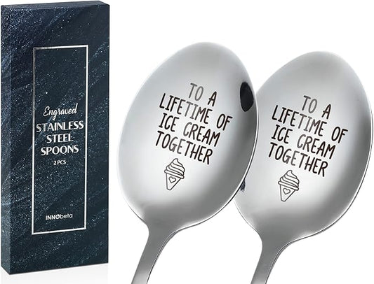 INNObeta Engraved Ice Cream Spoons, Gifts for Couple, 2 Pcs Stainless Steel Coffee Spoon, To a Lifetime of Ice Cream Together