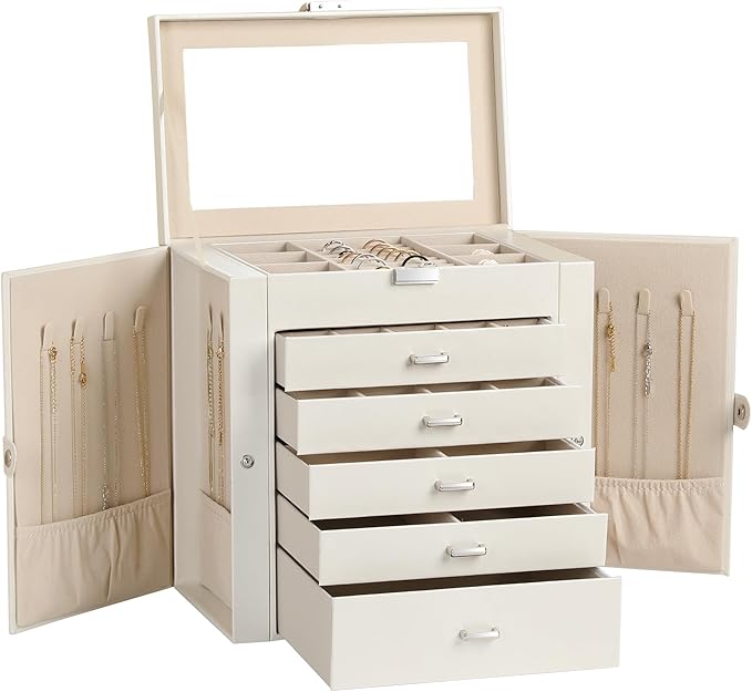 Frebeauty Large Jewelry Box,6-Tier PU Leather Jewelry Organizer,Multi-functional Storage Case with Mirror,Accessories Hold...