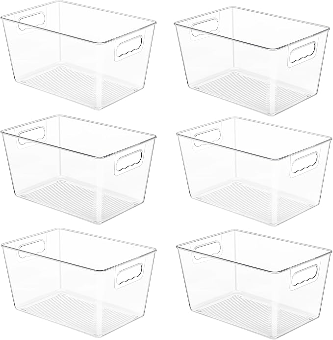 YIHONG 6 Pack Clear Pantry Organizer Bins, Plastic Containers with Handle for Kitchen,Freezer,Cabinet,Closet,Bathroom Unde...