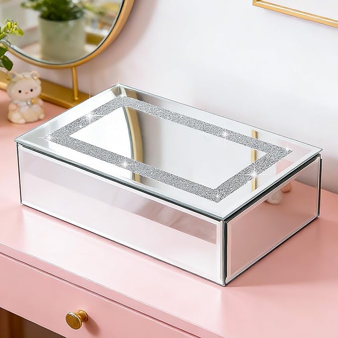 Poayewly Luxury Mirrored Jewelry Box with Crushed Diamond - Glass Jewelry Box Organizer Storage Ring Holder Case for Women