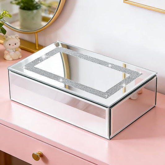 Poayewly Luxury Mirrored Jewelry Box with Crushed Diamond - Glass Jewelry Box Organizer Storage Ring Holder Case for Women
