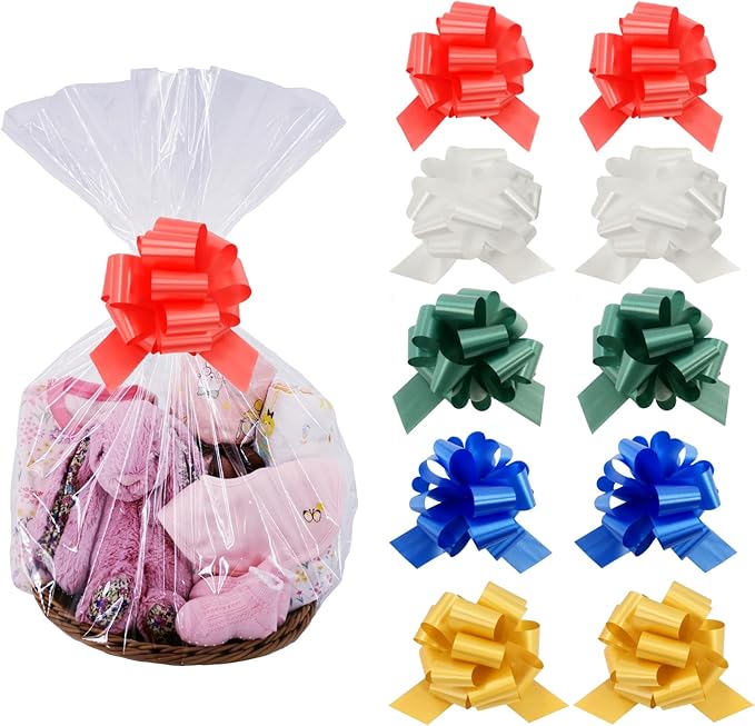 Wowfit 10-Pack Clear Cellophane Bags with Large Pull Bows, 18x30 Inch - Complete Gift Wrapping Kit for Baskets, Presents &...