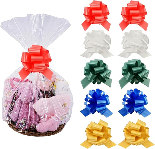 Wowfit 10-Pack Clear Cellophane Bags with Large Pull Bows, 18x30 Inch - Complete Gift Wrapping Kit for Baskets, Presents &...