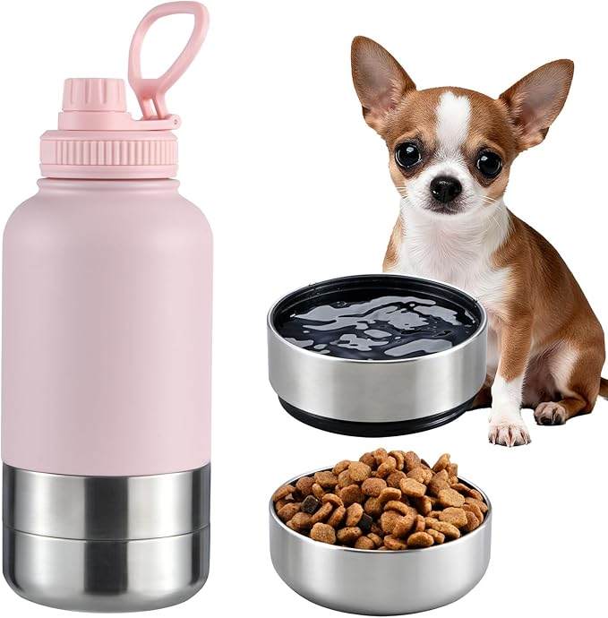 Cibaabo Insulated Dog Water Bottle with 2 Bowls, 32oz Travel Stainless Steel Double Wall Thermos, Portable Pet Dispenser, ...