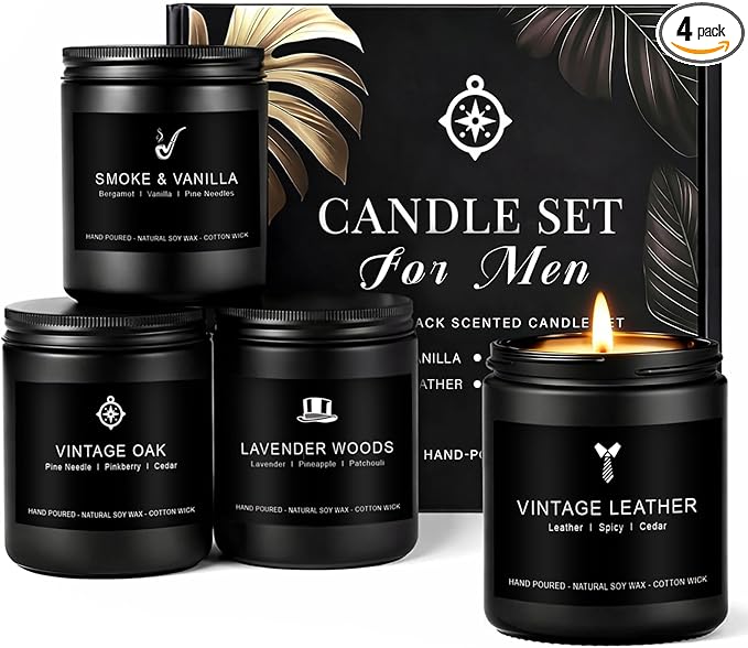 Candles for Men Gift Set, 4 Pack Masculine Scented Soy Candles for Men, Leather, Smoke, Oak & Lavender Scents, Aromatherap...